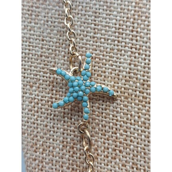 MINT Condition Charming Charlie Beachy Chain Gold Tone Blue Sea Star Stations - Picture 6 of 10